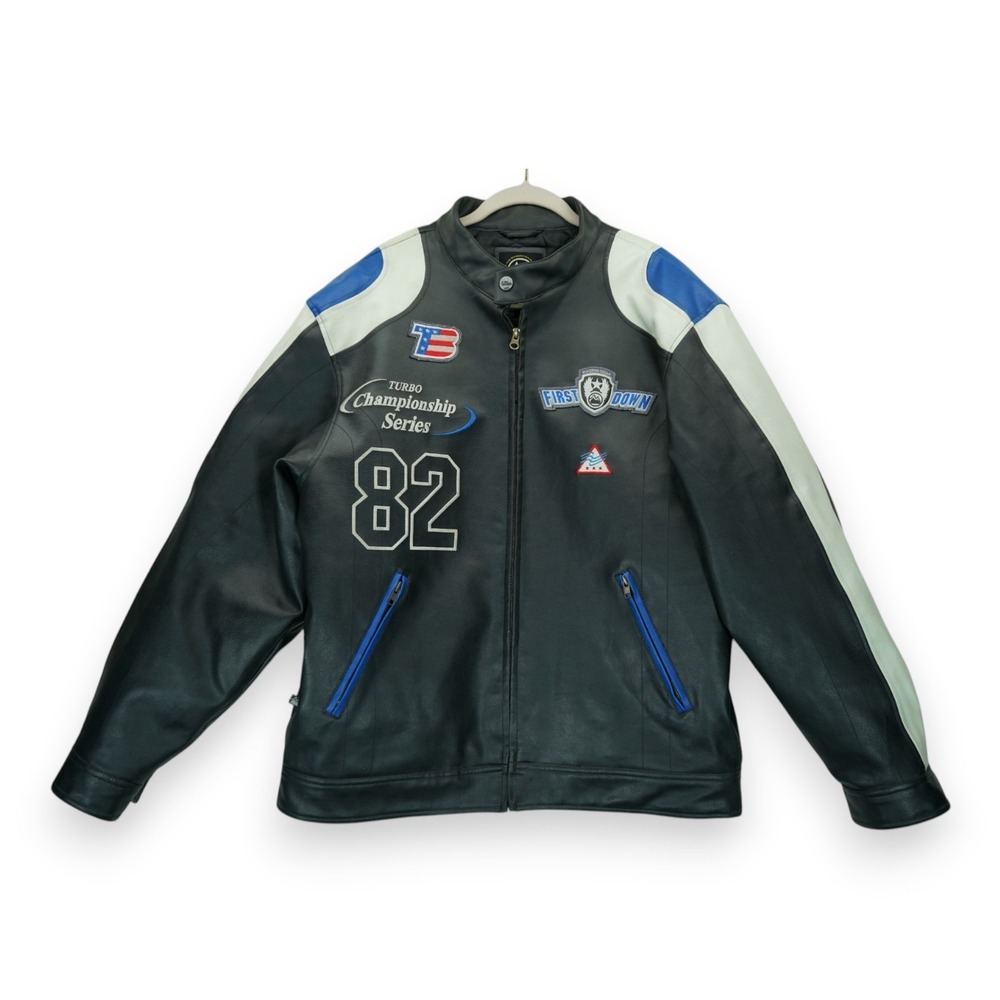 First Down Racing Gear Jacket Men's Large Black Motorcycle Racing Faux‎ Leather